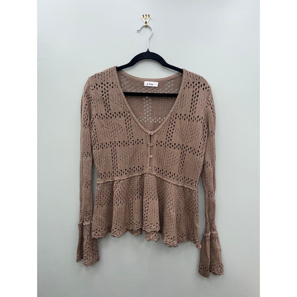 Boho Crochet Knit Peplum Cottagecore Fairy Grunge Bell Sleeve Cotton Sweater